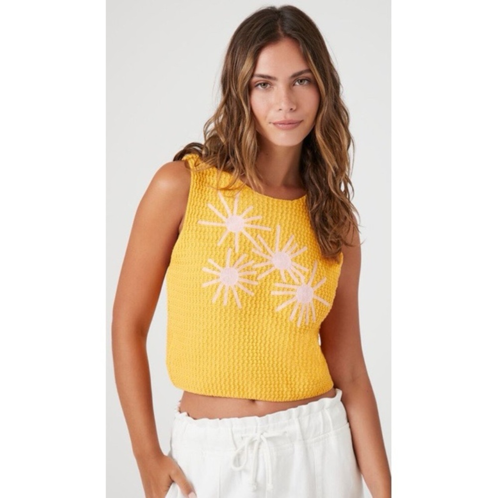 Forever 21-Yellow Sleeveless Top with Pink Floral Design- Size Large